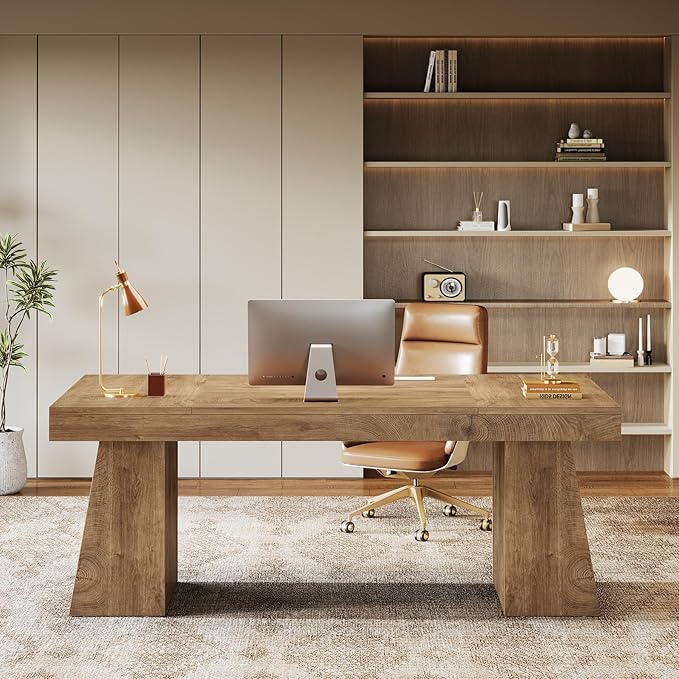 Tribesigns 55-Inch Executive Desk Thick Wood Office Computer Desk with Double Pedestal Modern Minimalist Workstations Writing Table Conference Table Furniture for Home Office Light Brown