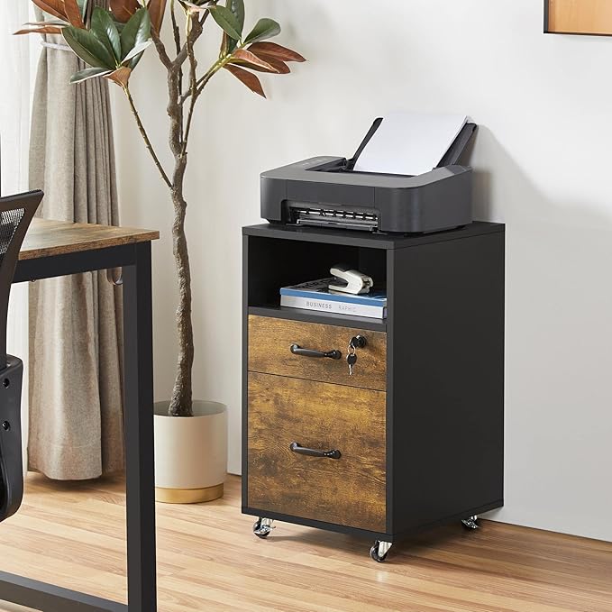 Topeakmart Rolling Vertical Filing Cabinet with 2 Drawer and 1 Open Compartments File Storage Cabinet with Lock Printer Stand for Home and Office Black/Rustic Brown