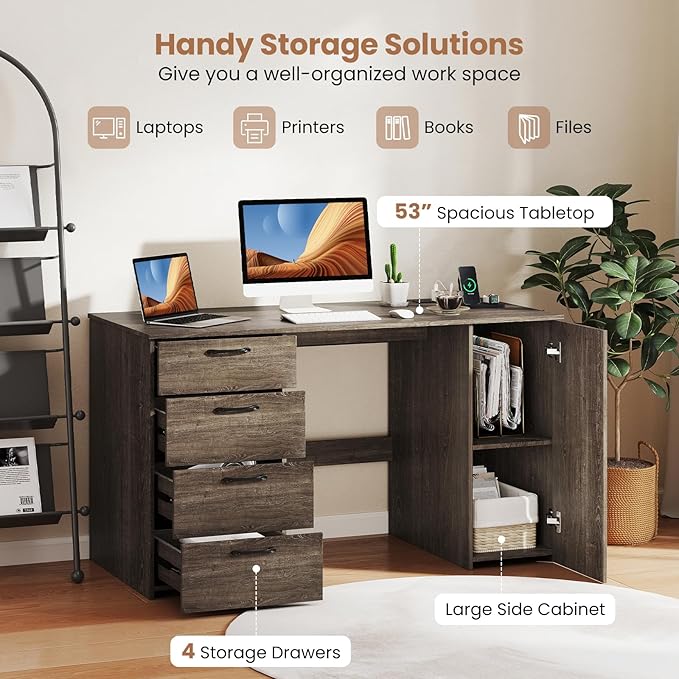 Giantex Computer Desk with Drawers 53 Inch Home Office Desk with Charging Stations Storage Cabinet &amp 5-Level Adjustable Shelf Makeup Vanity Table Writing Desk Modern Executive Desk Grey Oak
