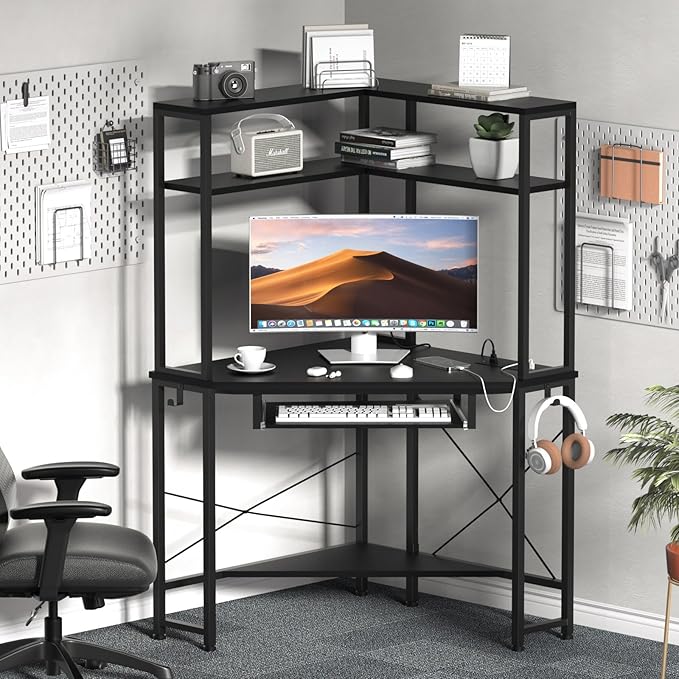 Corner Desk with Hutch and LED Lights Corner Computer Desk with Keyboard Tray and Monitor Stand Small Computer Desk for Small Spaces Home Office