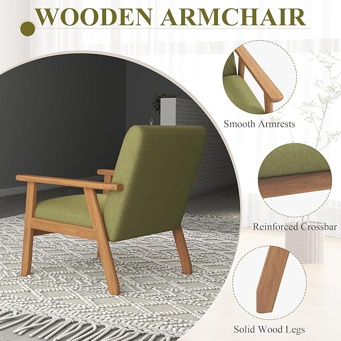 Westice Accent Chair 1PC Mid-Century Modern Living Room Chairs with Solid Wood Frame &amp Soft Thicken Cushion Upholstered Reading Arm Chair for Bedroom Balcony Green Linen Fabric &amp Natural L