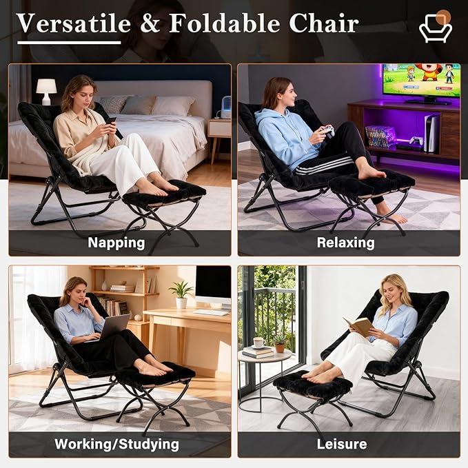 Oversized Folding Faux Fur Chair with Ottoman X-Large Soft Saucer Chair Foldable Metal Frame for Bedroom Living Room Balcony (Black)