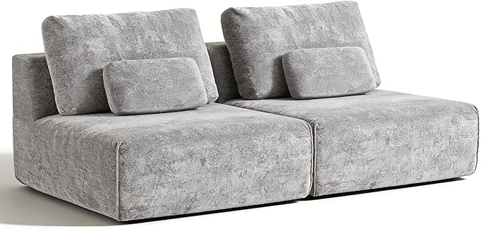 Modular Sectional Sofa 2-Piece Grey Plush Velvet Loveseat Couch No-Assembly Compressed Deep-Seat 2-Seat for Small Spaces Living Rooms Apartments