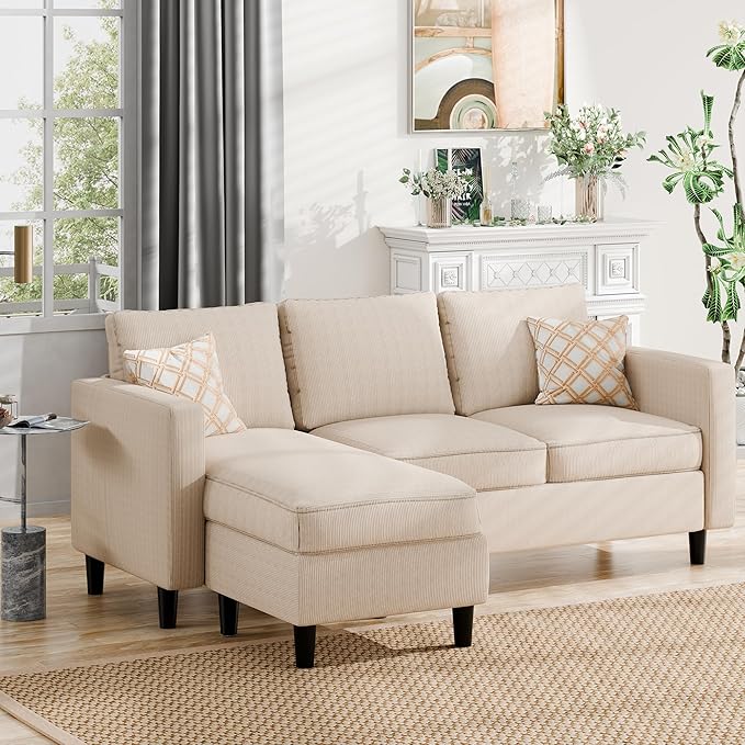 Walsunny 73 Sectional Sofa Couches 3 Seat L Shaped Couch with Ottoman Modern Small Sectional Couches for Small Space Apartment Office Khaki