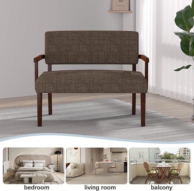 Accent Chair 2 Seat Upholstered Reading Leisure Chair Bench with Solid Wood Frame for Dining ReadingWaiting Rooms (Brown)