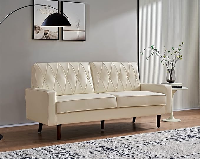 Container Furniture Modern Style Faux Leather Sofa with Elegant Round Tapered Legs and Button Tufted Backrest Perfect for Living Room Bedroom or Home Office 69.3’’ Wide White