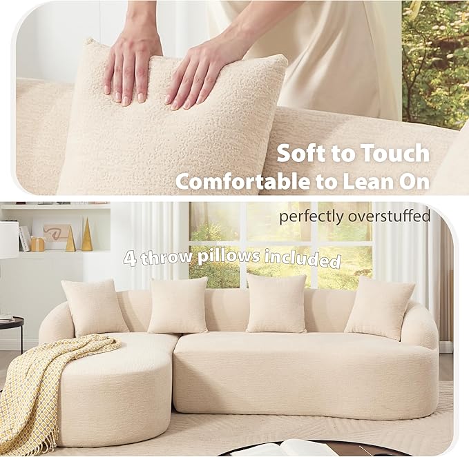 Oversized Sectional Sofa with Chaise for Living Room 99’’ Modern Luxury Chenille 4-Seater Extra Wide Seat L-Shape Curved Cloud Couch with 4 Throw Pillows No Assembly Needed Beige