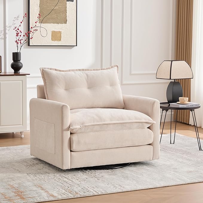 36.2” Swivel Accent Chair with Side Pockets Mid Century Modern Beige Armchair with Solid Metal Base Comfy Single Sofa Chair 360 Degree Swivel Barrel Chairs for Living Room Bedroom (Beige)