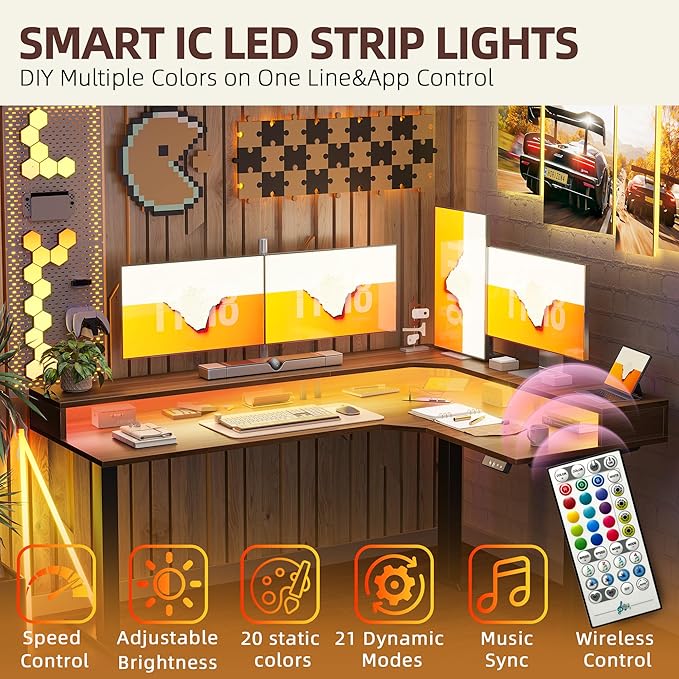TIQLAB 63'' L-Shaped Standing Desk with LED Light Strip and Power Outlet Height Adjustable Corner Table with Ergonomic Monitor Stand Black Walnut