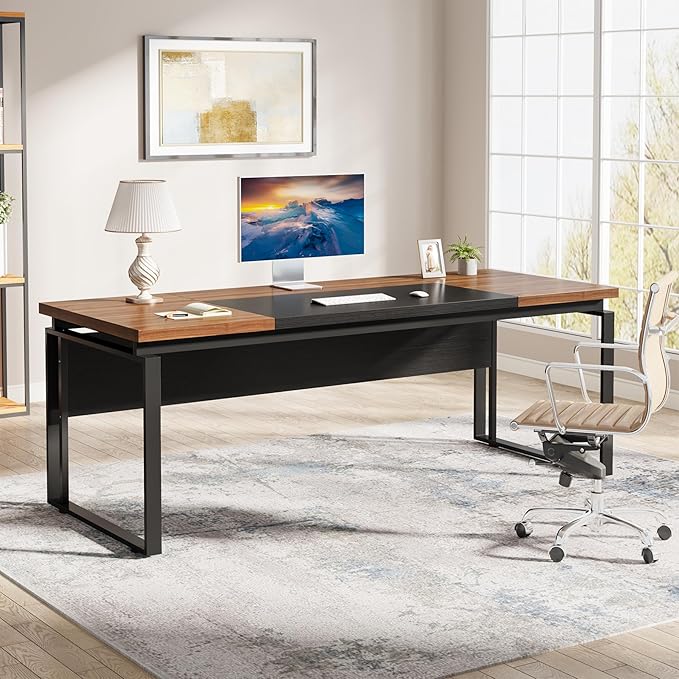 Tribesigns 63 Computer Desk Home Office Desk Writing Table for Workstation Modern Executive Desk with Sturdy Legs (Only Table) (Walnut &amp Black)