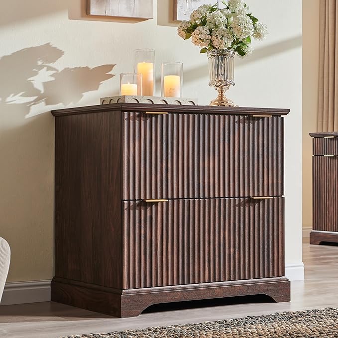 JXQTLINGMU 2 Drawer File Cabinet with Charging Station 30 Fluted Lateral File Cabinet w/Files Hanging Rod for Letter/Legal/A4 Large Tabletop for Printer Office Wood Printer Cabinets Dark Walnut