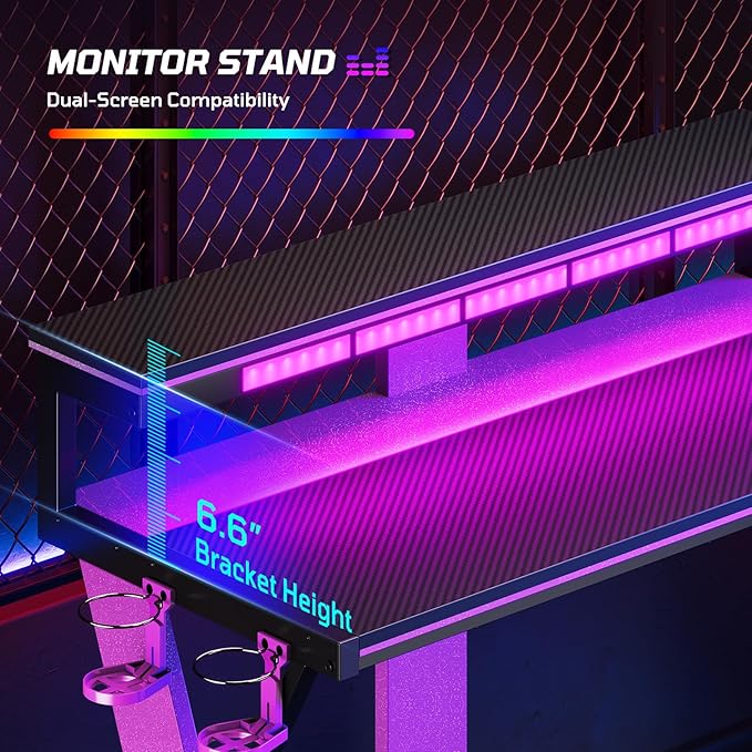 Bestier Computer Desk with Music Sync Light Flow Vibe Corner Desk with Monitor Stand and PS5 Storage Shelves Cup Holders and Headset Hooks for Bedroom Small Space (Black Purple 57 Inch)