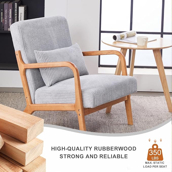 Mid Century Modern Accent Chair with Waist CushionComfy Upholstered Lounge Chair Ergonomic Reading Chair with Solid Rubberwood Frame for Living Room Bedroom (Light Grey)
