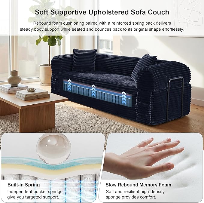 83'' Boneless Couch in A Box No Assembly Needed Sofa Bed Couch 3 Seater Corduroy Modern Cloud Sofa 29'' Deep Seat with 2 Pillows &amp Removable Backrest for Living Room Bedroom Apartment Navy Blu