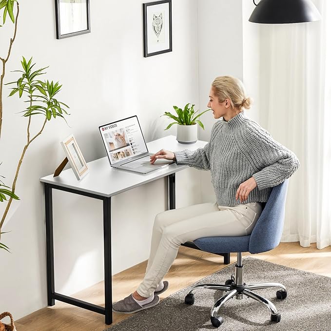 Sweetcrispy Small Computer Desk47 Inch Office Writing Work Desk with Metal Frame Wooden Tabletop Student Study Home Bedroom Table with X-Shaped Reinforcement White