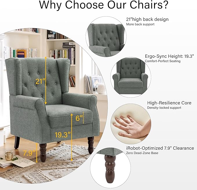 Lumibee High Back Accent ChairUpholstered Wingback Armchair with Solid Wood Legs for Small SpacesComfy Single Sofa Chair for Living RoomBedroomOffice-Gray