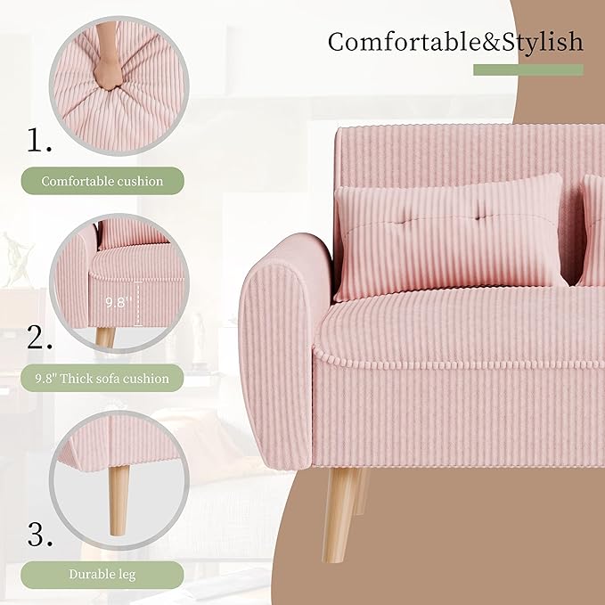 Vongrasig 47 Small Modern Loveseat Sofa Mid Century Soft Corduroy Fabric 2-Seat Sofa Couch Tufted Love Seat with Back Cushions and Tapered Legs for Living Room Bedroom and Small Space (Pink)