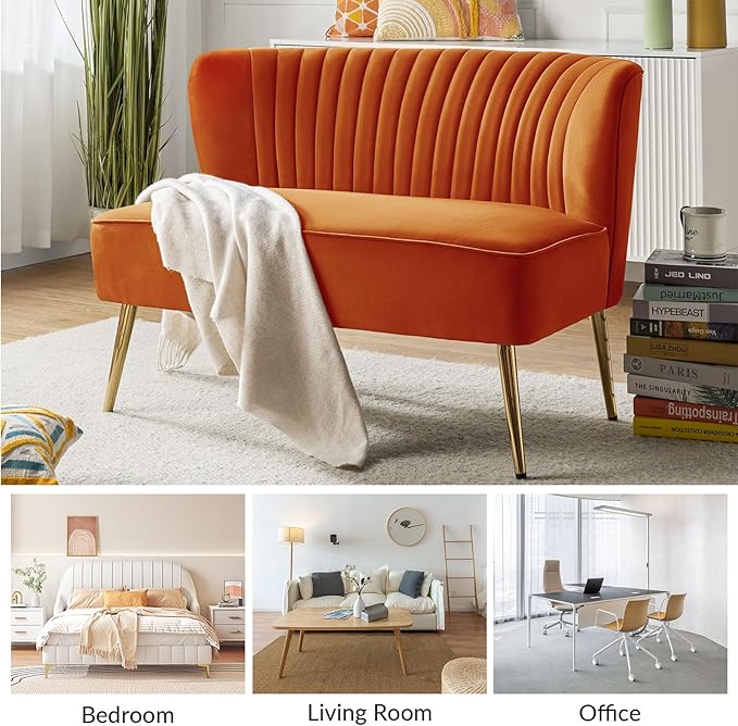 HULALA HOME Velvet Loveseat Sofa with Gold Legs Mid-Century Modern Upholstered Love seat Couch Tufted Small 2-Seat Sofa Armless for Living Room Bedroom Apartment Small Spaces Orange