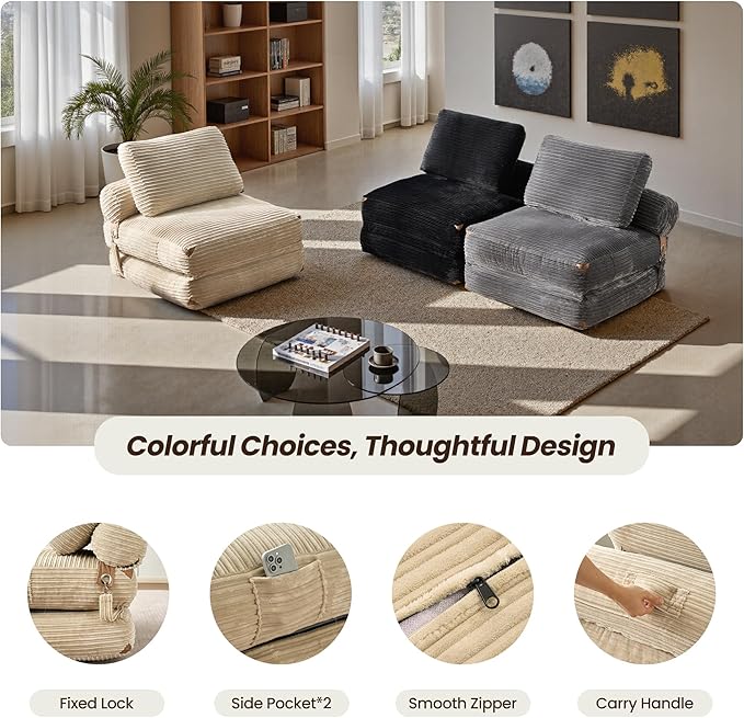 ovios Folding Sofa Bed Foldable Sleeper Chair Floor Futon Comfy Portable Convertible Fold Out Lounge Chairs for Living Room Bedroom Beige