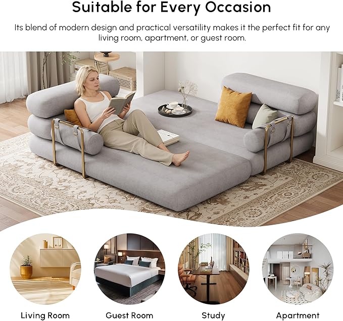homary Velvet Futon Sofa Bed 81 3-Seater Convertible Couch with Detachable Pillows Stainless Steel Legs Modern Sleeper Sofa for Living Room &amp Apartment (Light Gray)