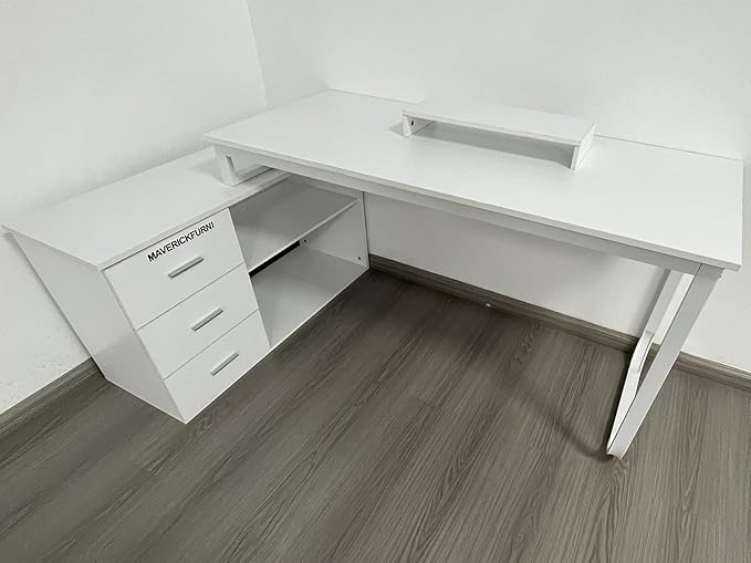 55 Inch White Desk with 3 Drawers L Shaped Desk with Storage Corner Desk with Monitor Stand and Shelves White