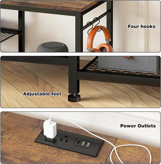 YGEOMER TV Stand for Up to 65 Inch TVs Entertainment Center with Power Outlet and Open Storage Shelves TV Media Console Table for Living Room and Bedroom Rustic Brown
