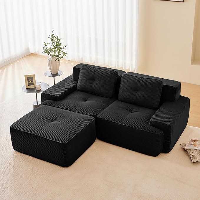 Modular Sectional Boneless Sofa 80” Corduroy L Shaped Sofa Couch with Movable Ottoman Modern 2-Seat Sofas Comfy Deep Seat Couches for Living Room Apartment No Assembly Black