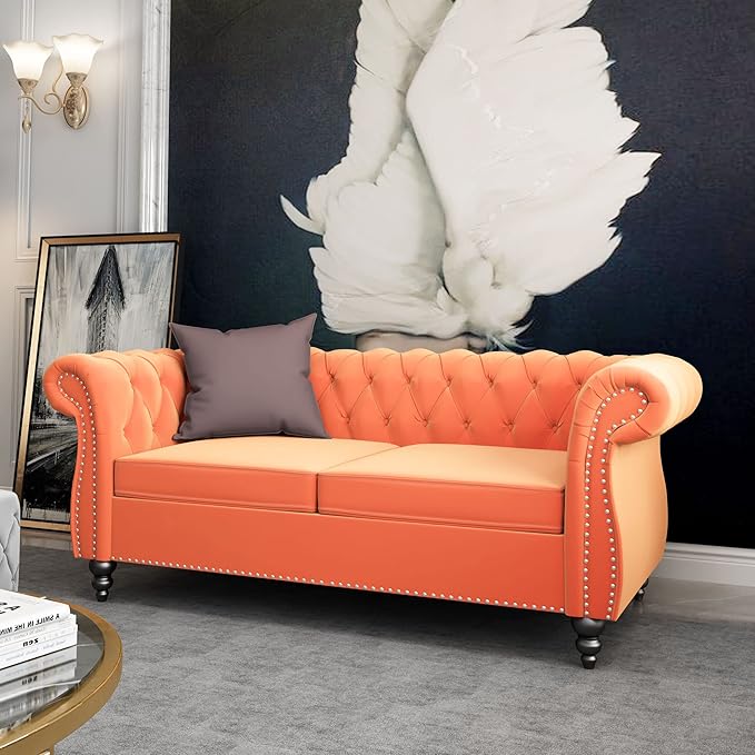 AVZEAR 2-Piece Living Room Sectional Sofa Set Upholstered Sofa Modern Sofa Couches Set Style Button Tufted Velvet Chesterfield Sofa for Living Room Apartment 2+3 Seat Orange