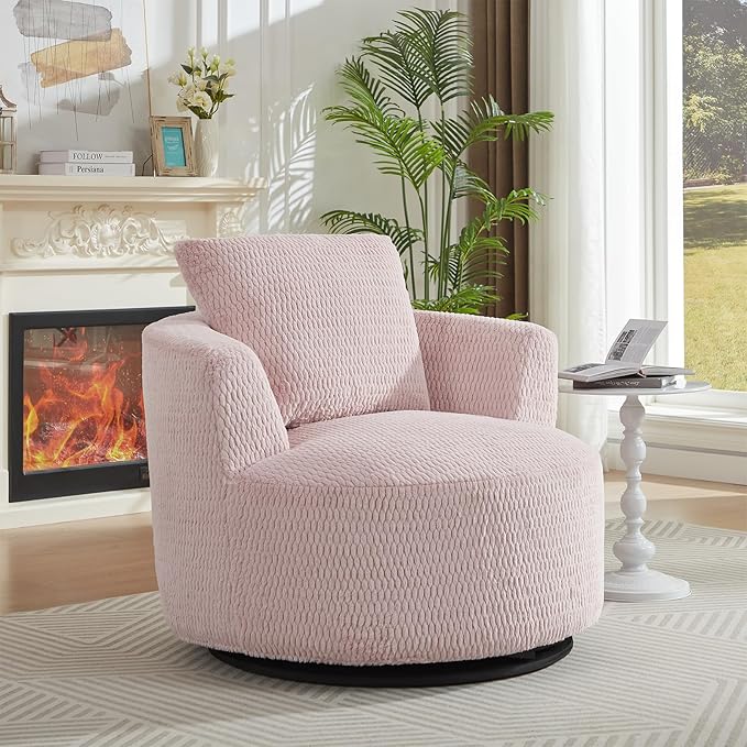 Swivel Accent Barrel Chair 360 Degree Faux Fur Comfy Round Swivel Chair with Pillow Modern Lounge Reading Armchair Upholstered Cozy Sofa Chairs for Living Room Bedroom Apartment Offices(Pink)