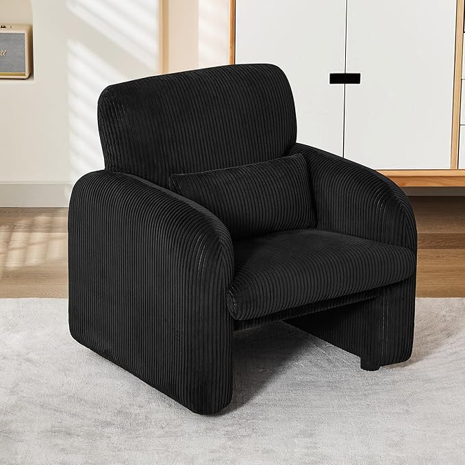 Modern Accent Chair Comfy Upholstered Corduroy Armchair Stylish Lounge Reading Chair for Living Room Bedroom Black