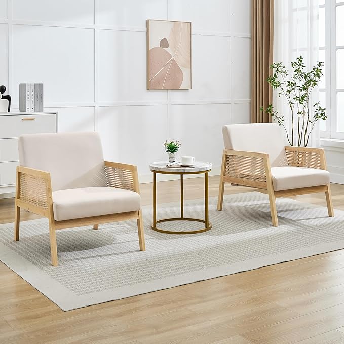 GarveeHome Mid-Century Farmhouse Accent Chair - Wood Armchair with Rattan Backrest &amp Linen Cushion for Living Room Bedroom - Beige Easy Assembly (1 White-A)