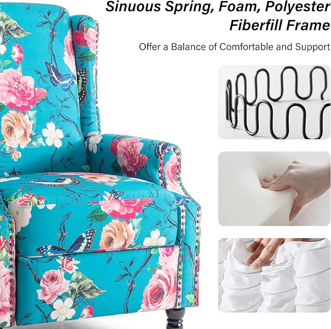 Recliner Chair Upholstered Wingback Floral Pushback Armchair with Adjustable Backrest &amp Footrest Comfy Accent Chair Reading Single Sofa for Small Spaces Living Room Bedroom (Peacock Set of 1)