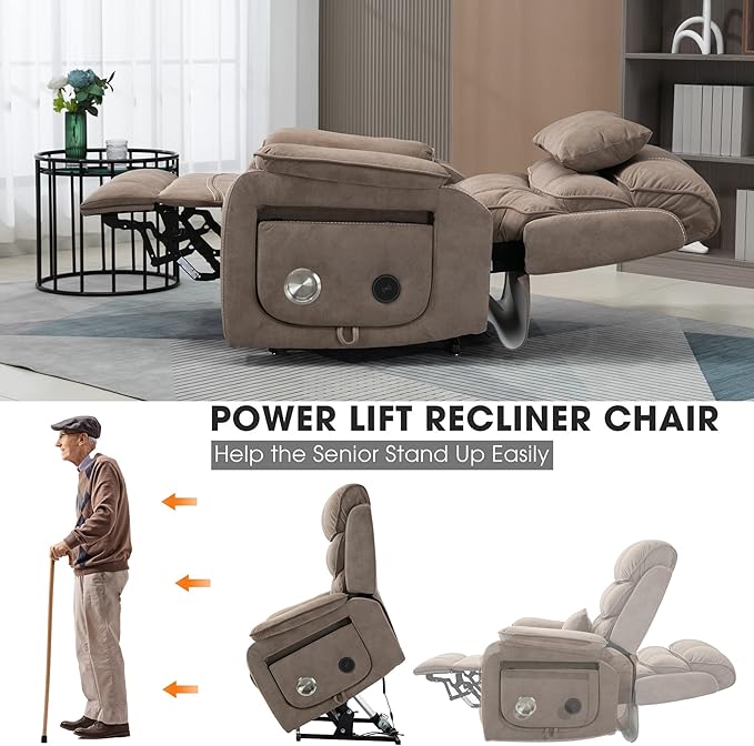 Lift Chair Lay Flat Recliner Heat Massage Dual Motor Infinite Position Power Recliners with Left Side Tray Table-Wireless ChargerCup Holder