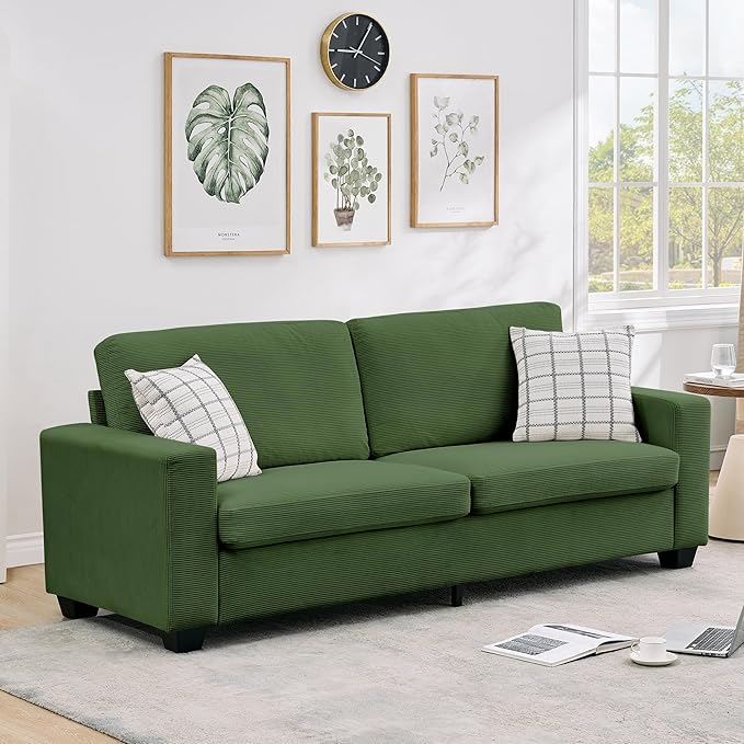 Modern Loveseat Sofa Couches for Living Room 83 Boneless Comfy Corduroy Sofa for Apartment Bedroom or Office Soft Upholstered Couch Compact Spaces Deep Seats Wood Frame Removable Cover Green
