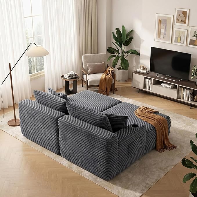 69 Upgraded Oversized Boneless Chaise Lounge Chair Indoor with cup holders and side storage pockets Soft Plush Corduroy Modular Love seat Sofa Deep Seat Sleeper Chairs for Living Room Grey.