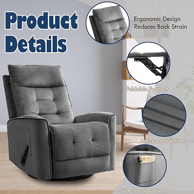 Manual Rocker Recliner Chair Nursery Glider Chair for Adult with High Back&ampDeep Seat Swivel Rocking Recliner Chair for Living Room Bedroom RV Nursing Grey