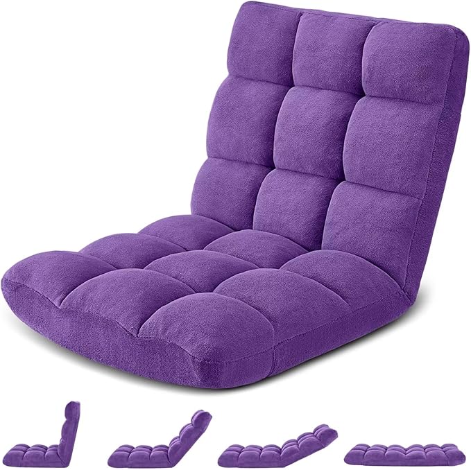 Folding Floor Gaming Chair Adjustable 14-Position Backrest 6-Inch Thick Flannel and Skin-Friendly Cotton Sponge Breathable Ideal for Gaming Meditating Sleeping Purple