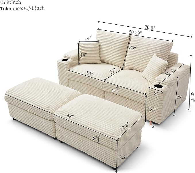 70.8 W Luxurious Corduroy Loveseat with Ottomans - Plush and Cozy Modular Sectional Sofa Set with Pillows Rack for Cozy Reading Compact Living Room (Beige &amp Two Seats)