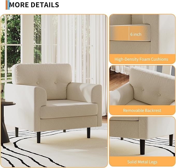 Ergonomic Linen Accent Chair with Wide Armrests – 38”Upholstered Reading ChairComfortable Armchair with High-Density Foam Cushion Modern Single Seater for Living Room &amp Bedroom Seating (Beige)