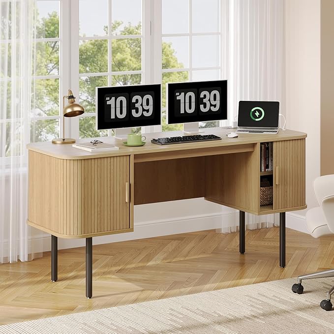 ONBRILL 63 Inch Fluted Computer Desk with Charging Station Mid Century Executive Desk with 2 Storage Cabinets Modern Home Office Large Desk with Metal Legs for Working Studying Writing Oak