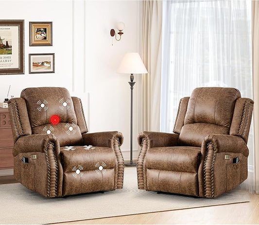 Classic 2 Electric Recliners with Massage &amp Heat for Adluts Faux Leather Power Recliner Chair with USB Port Overstuffed Heavy Duty Reclining Sofa with Rivets for Living Room Brown