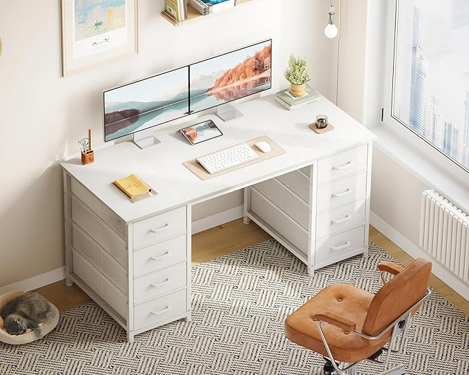 ODK 48 Inch White Computer Desk with 8 Fabric Drawers Modern Office Desk with Large Storage for Home Office Study Gaming White