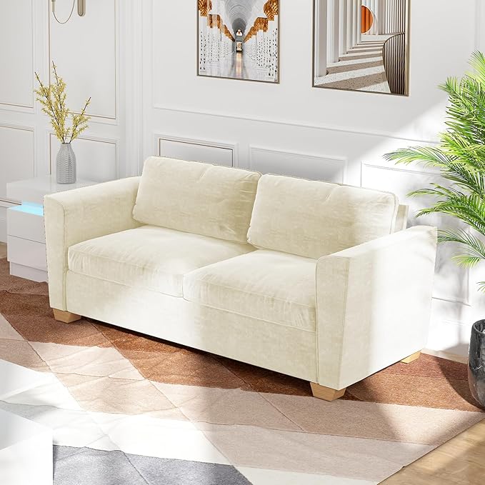 BALUS Velvet Full Size Pull Out Sofa Bed 71 W 2-in-1 Convertible Sleeper Sofa Pullout Couch Bed with Memory Foam Pillows and Mattress for Living Room Furniture Office Apartment Small Space Beige