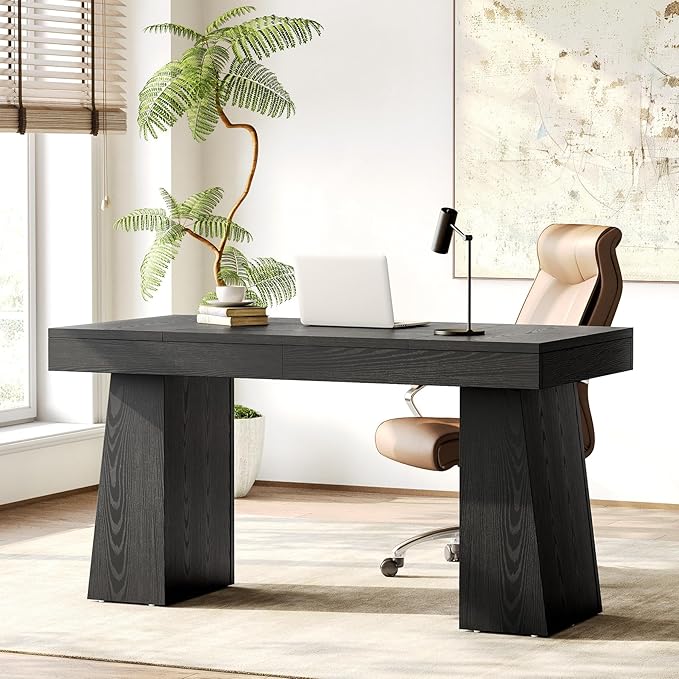 1Easylife 55 Inches Long Computer Desk Large Wooden Home Office Desk with Heavy Duty Pedestal Modern Simple Style Study Writing Desk for Home Office Black