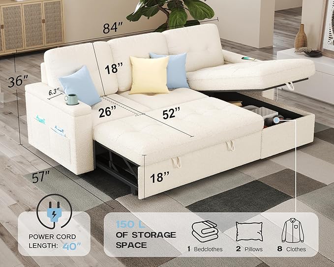 PaPaJet 84 Inch Pull Out Couch Sleeper Sofa with Storage Chaise Tufted L Shape Convertible Couch with 2 USB &amp Cup Holders Boucle White