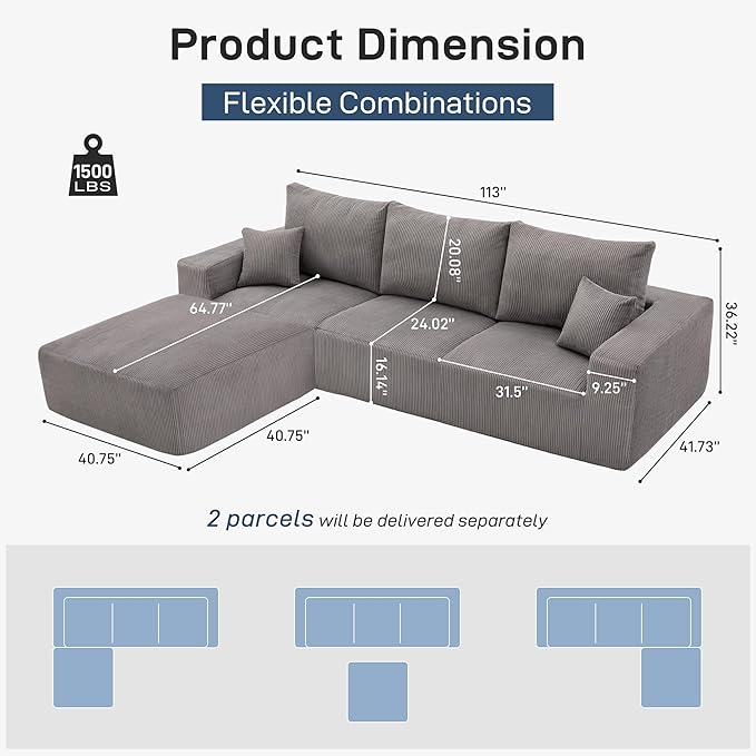 Sectional Modern Sleeper Sofa Couches for Living Room-113 Grey 3 Seater L-Shaped Boneless Cloud Couch-No Assembly Modular Corduroy Convertible Sponge Compression Sofas with Chaise for Home House