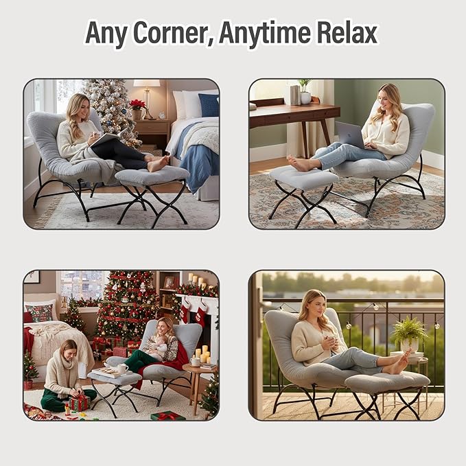 Tiita Accent Lazy Chair with Ottoman Comfy Lounge Chair with Metal Frame and Plush Fabric Thick Cushion Seated Cozy Recliner Chair for Reading Room Living Room Bedroom Office Light Gray