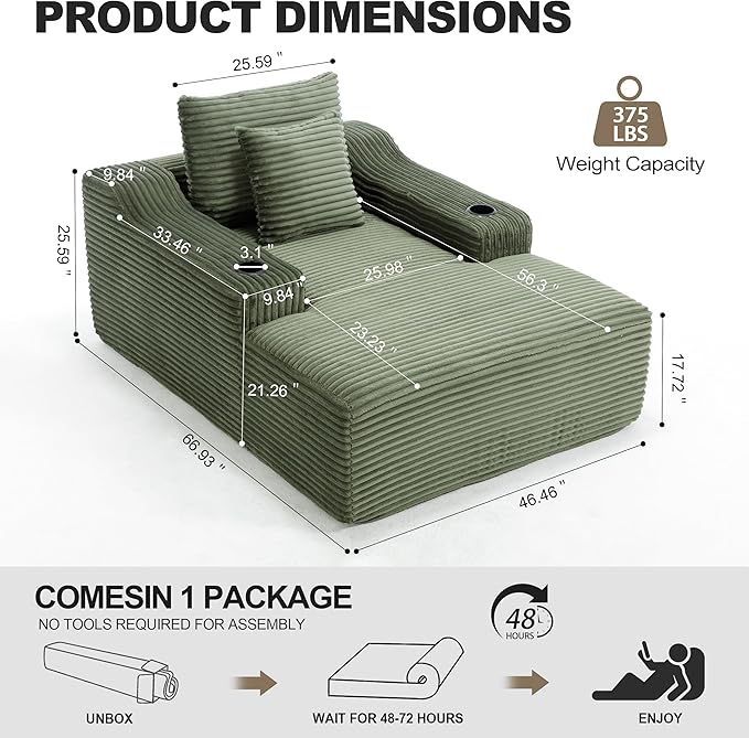 Chaise Lounge Chair Indoor Cloud Sofa Bed with Cup Holders Corduroy Upholstered Couch with 17.71 Seat High Lazy Sofa Bed for Living Room Apart Fully Assembled - Green