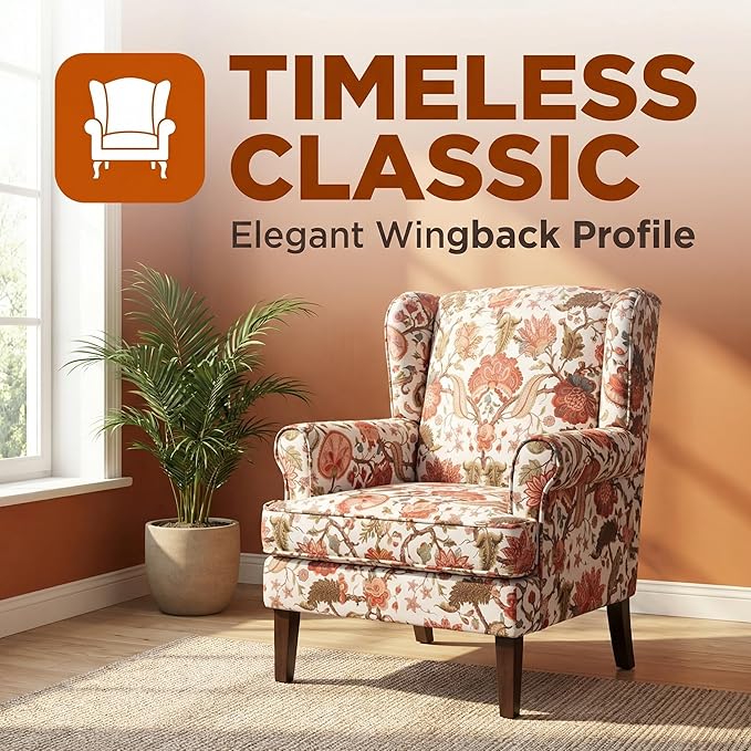 Mid Century Wingback Accent ChairModern Linen Fabric Upholstered Armchair with Retro Wooden LegsFloral Pattern Single Sofa ChairComfy Reading Chair for Living Room Bedroom Office (Floral Red)