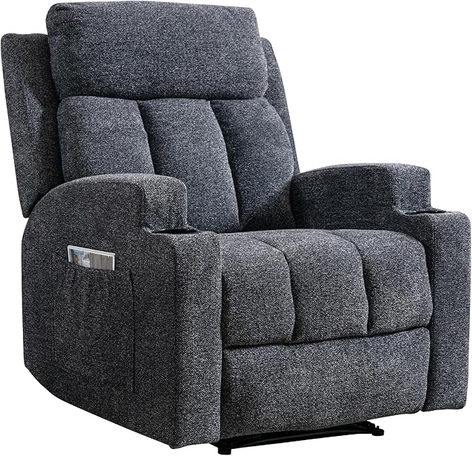 CANMOV Manual Massage Heat Recliner Chair Set of 3 Soft Fabric Recliner Chair with Overstuffed Arm and Back Manual Reclining Single Sofa with 2 Cup Holders Side Pocket for Living Room Dark Grey